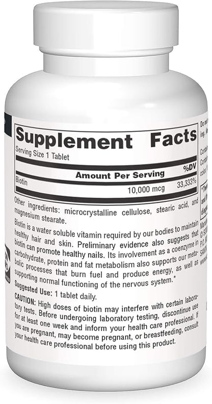 Source Naturals Biotin, Hair, Skin, and Nail Support*, 10,000 mcg - NON-GMO - 120 Tablets