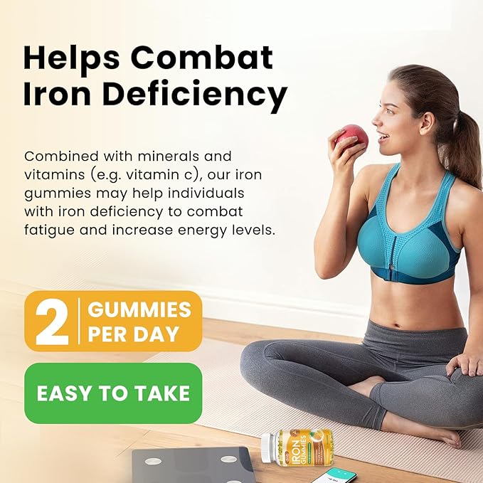 Iron Gummies with Multivitamin, Iron Supplement for Women & Men with Zinc, Vitamin B Complex & C, B12, Folate - Blood Builder & Energy Support for Adults & Kids - Pineapple Flavor, Vegan 60 Gummies