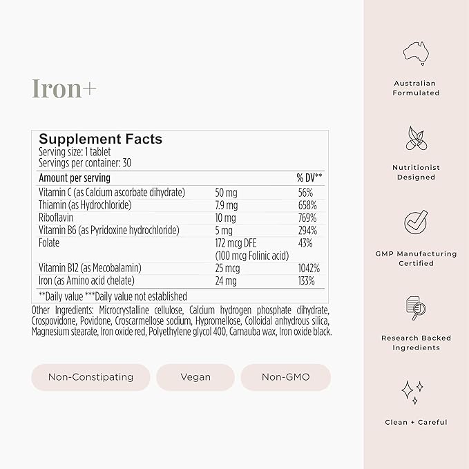 JSHealth Vitamins Iron+ Supplement for Energy Support - Iron Deficiency Pills with Vitamin C and Vitamin B12 - No Nausea - (30 Tablets)