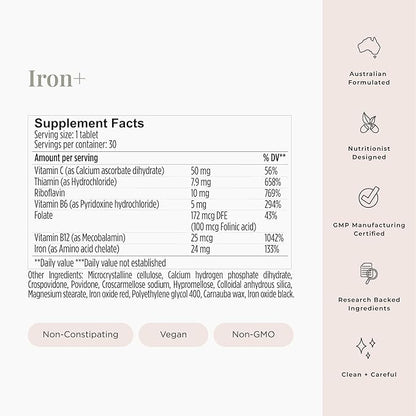 JSHealth Vitamins Iron+ Supplement for Energy Support - Iron Deficiency Pills with Vitamin C and Vitamin B12 - No Nausea - (30 Tablets)