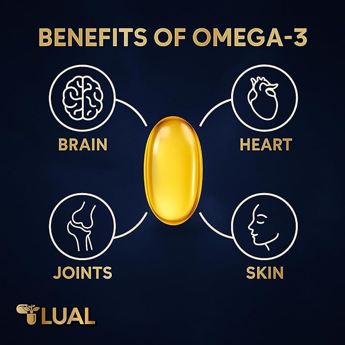 LUAL Omega-3 Fish Oil Softgels – 1000mg with EPA and DHA, Lemon Flavor, Burpless, Non-GMO Formula for Heart, Brain, and Overall Wellness – 120 Count