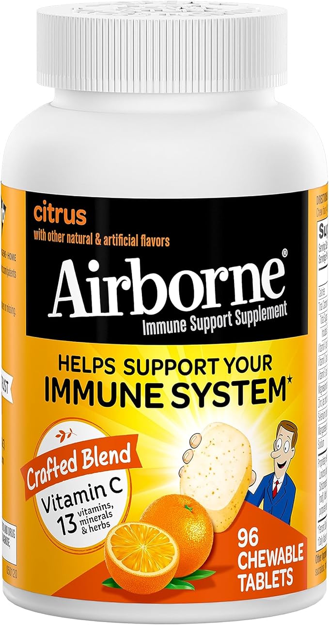 Airborne Vitamin C 1000mg (per Serving) - Citrus Chewable Tablets (96 Count in a Box), Gluten-Free Immune Support Supplement with Vitamins A C E, Zinc, Selenium, Echinacea, Ginger, Antioxidants