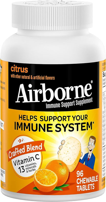 Airborne Vitamin C 1000mg (per Serving) - Citrus Chewable Tablets (96 Count in a Box), Gluten-Free Immune Support Supplement with Vitamins A C E, Zinc, Selenium, Echinacea, Ginger, Antioxidants