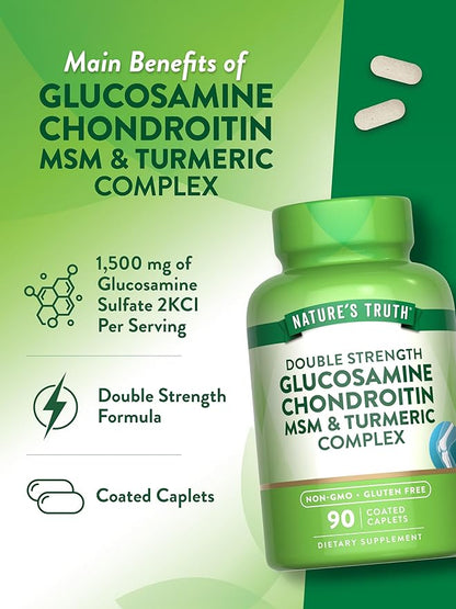 Nature's Truth Glucosamine Chondroitin MSM Complex | 90 Caplets | with Turmeric | Double Strength | Non-GMO & Gluten Free Supplement