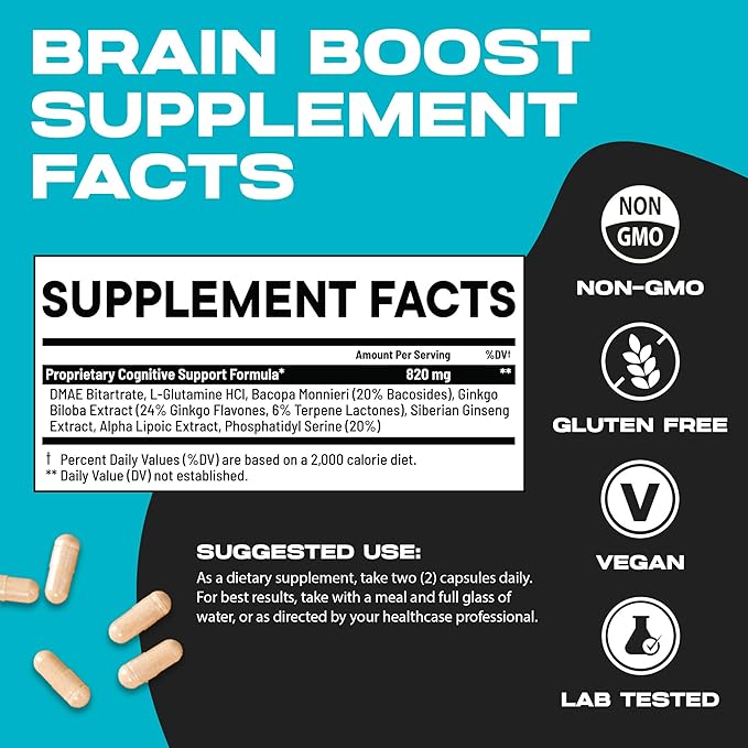 Brain Boost Nootropic Supplement | Supports Memory, Mental Focus, Cognitive Health & Energy | Promotes Healthy Mood & Brain Function | Ginkgo Biloba & DMAE | 60 Capsules