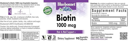 Bluebonnet Nutrition Biotin 1000 Mcg Vegetable Capsules, Biotin is a B Vitamin That Helps Make Keratin, Vegan, Vegetarian, Non GMO, Gluten Free, Soy Free, Milk Free, Kosher, Vegetable Capsules, 90 Count