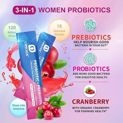 Women's Probiotic,120-Billion-CFUs, 18 Strains, with 3 Prebiotics and Cranberry Extract, Help for Immune Booster, Digestive Health, Gut Health and Vaginal Health