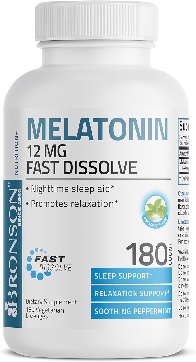 Bronson Melatonin 12mg Fast Dissolve Nighttime Sleep Aid Support & Relaxation Support, 180 Peppermint Vegetarian Lozenges