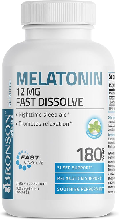 Bronson Melatonin 12mg Fast Dissolve Nighttime Sleep Aid Support & Relaxation Support, 180 Peppermint Vegetarian Lozenges