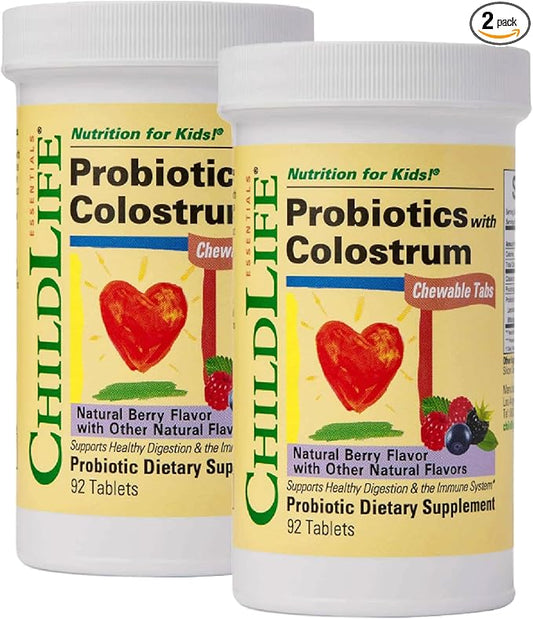 CHILDLIFE ESSENTIALS ChildBiotics with Colostrum- Probiotics for Kids, Probiotics for Digestive Health, Chewables, Children's Probiotic, Colostrum for Kids - Natural Berry, 92 Tablets (Pack of 2)