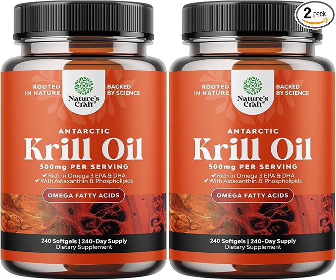 Antarctic Krill Oil 500mg Softgels - Omega 3 Krill Oil Supplement with EPA DHA & Astaxanthin for Brain Joint & Heart - 3rd Party Lab Tested No Gluten GMOs or Fishy Aftertaste - 2 Packs