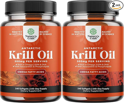 Antarctic Krill Oil 500mg Softgels - Omega 3 Krill Oil Supplement with EPA DHA & Astaxanthin for Brain Joint & Heart - 3rd Party Lab Tested No Gluten GMOs or Fishy Aftertaste - 2 Packs