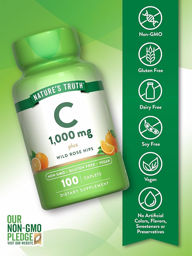 Nature's Truth Vitamin C 1000 mg with Rose Hips | 110 Caplets | Vegan, Non-GMO, & Gluten Free Supplement