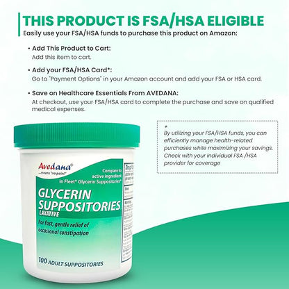USP 2g Glycerin Laxatives Suppository – 100 Adult Size Laxative Suppositories for Men and Women – Fast and Gentle Relief Suppositories for Constipation – Comfortable Shape Adult Suppository