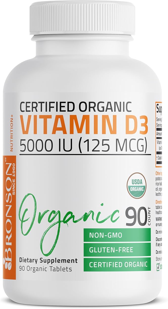 Bronson Vitamin D3 5000 IU Certified Organic Vitamin D Supplement, Non-GMO, USDA Certified, 90 Tablets