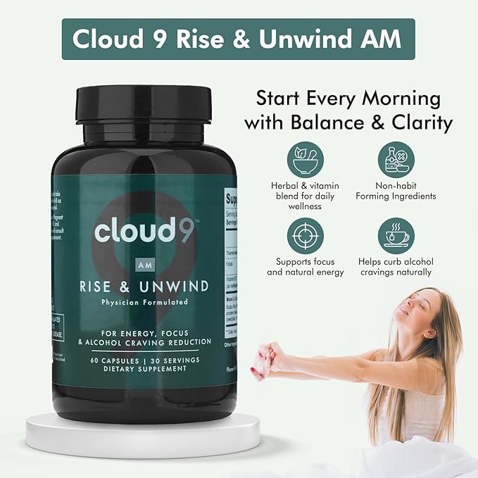 Cloud9 Rise & Unwind AM - Morning Wellness Supplement for Clarity & Vitality with Brain Health Support - Energy Supplement with Essential Nutrients, Adaptogens & Hydration Support for Daily Balance