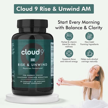 Cloud9 Rise & Unwind AM - Morning Wellness Supplement for Clarity & Vitality with Brain Health Support - Energy Supplement with Essential Nutrients, Adaptogens & Hydration Support for Daily Balance