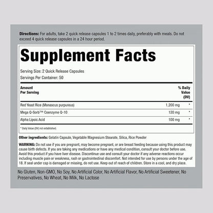 Piping Rock CoQ10 with Red Yeast Rice | 100 Capsules | with Alpha Lipoic Acid | Non-GMO, Gluten Free Supplement
