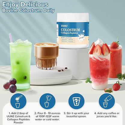 Bovine Colostrum Powder with Collagen Peptides Powder, Nourishes Hair, Skins, Bones, Cartilage, Body Systems, 45% IgG Supplements Mixed Collagen Protein Unflavored(Bovine Colostrum 150g)