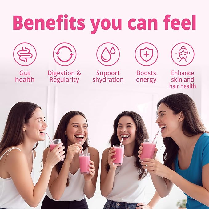 Fiber Supplement Powder with Probiotics & Collagen – Supports Digestive Regularity, Gut Balance & Debloating | Soluble Fiber Powder, Vegan Diets, Strawberry Lemon Flavor, 15 Servings