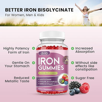 Iron Gummies with Multivitamin, Iron Supplement for Women & Men with Zinc, Vitamin B Complex & C, B12, Folate - Blood Builder & Energy Support for Adults & Kids - Mixed Berry Flavor, Vegan 60 Gummies