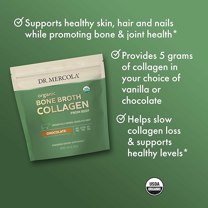 Dr. Mercola Organic Bone Broth Collagen Powder - Supports Bone Health & Muscle Growth - USDA Organic, Non-GMO, Gluten-Free & Dairy-Free - 30 Servings - Chocolate Flavor