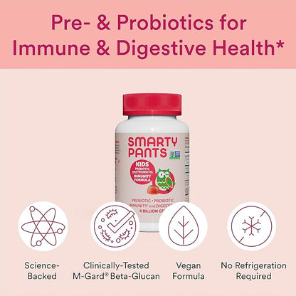 SmartyPants Kids Probiotic Immunity Gummies: Prebiotics & Probiotics for Immune Support & Digestive Comfort, Strawberry Crème, Vegan Gummy Vitamins, 60 Count, 30 Day Supply, No Refrigeration Required