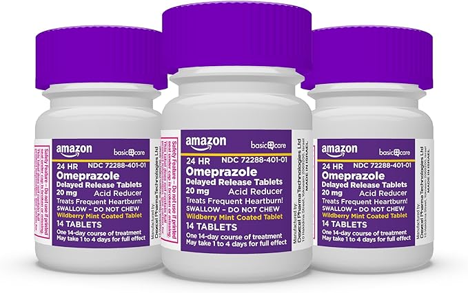 Amazon Basic Care Omeprazole Delayed Release Tablets 20 mg, Acid Reducer, Wildberry Mint Coated Tablet, Heartburn Medicine, 42 Count