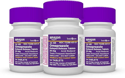 Amazon Basic Care Omeprazole Delayed Release Tablets 20 mg, Acid Reducer, Wildberry Mint Coated Tablet, Heartburn Medicine, 42 Count