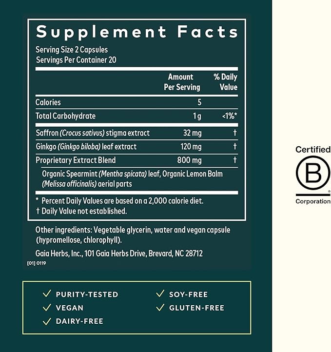 Gaia Herbs Nootropic Focus - Brain & Cognitive Support Supplement to Help Maintain Healthy Concentration* - with Saffron, Lemon Balm & Spearmint - 40 Liquid Phyto-Capsules (Up to 20-Day Supply)
