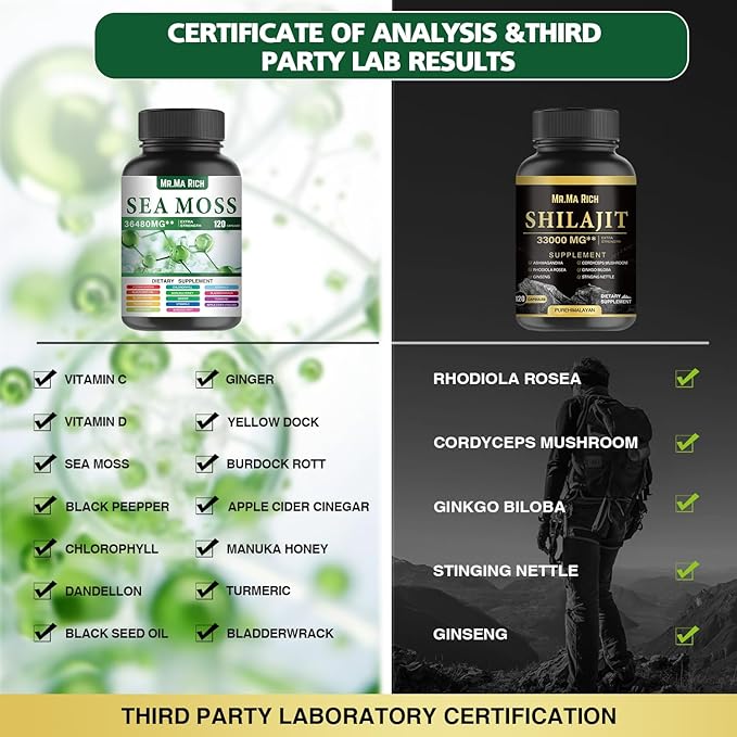 Sea Moss and Shilajit Capsule Bundle, Ashwagandha Rhodiola Rosea Ginseng Cordyceps Mushroom Ginkgo Biloba Stinging Nettle Magic Moss Blendim Black Seed Turmeric Bladderwrack Burdock Black Pepper