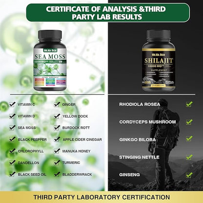 Sea Moss and Shilajit Capsule Bundle, Ashwagandha Rhodiola Rosea Ginseng Cordyceps Mushroom Ginkgo Biloba Stinging Nettle Magic Moss Blendim Black Seed Turmeric Bladderwrack Burdock Black Pepper