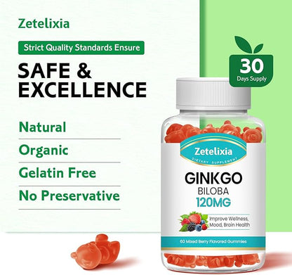 Ginkgo Biloba Gummies for Women and Men, Brain Supplement Improve Better Mood and Focus, Vegan Mixed Berry Flavor 60 Count