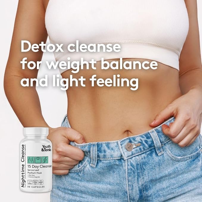 Youth & Tonic Overnight Intestinal Cleanse Supplement - Natural Constipation Relief for Men & Women with Senna Leaf, Psyllium Husk, Cascara Sagrada & Fibre - 30 Capsules. Can Be Strong for Some People