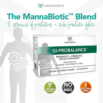 Mannatech Prebiotics and Probiotics, 30 Slimsticks, Yogurt Flavor, GI-ProBalance w/MannaBiotic Blend, Pre and Probiotics Powder for Gut Health, w/ 8 Strains, Rich Prebiotic Fiber & 50 Billion CFU