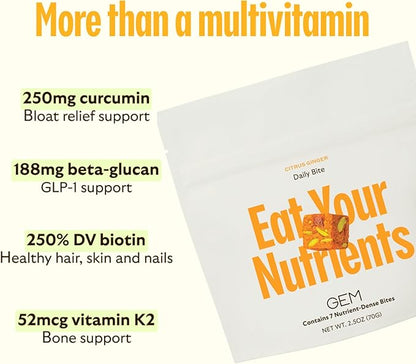 GEM Daily Multivitamin for Women & Men, with 20+ Vitamins & Minerals Like zinc, Vitamin D, B, K, Folic Acid, Turmeric, Fiber and prebiotics, Beta Glucan GLP-1 Support, Brain, & Immunity (7 Day Trial)