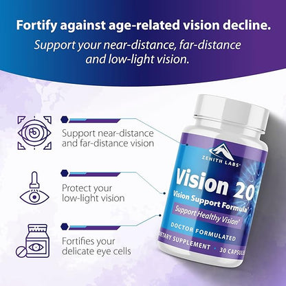 Zenith Labs Vision 20 Eye Vitamins - Lutein, Zeaxanthin, and Bilberry Extract - Supports Eye Strain, and Eye Health - Carotenoid Blend, 3 Pack