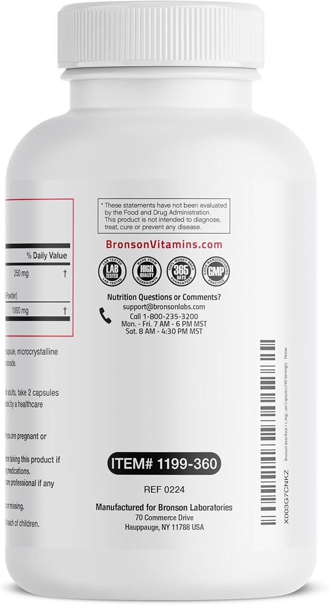 Bronson Beet Root + L-Arginine Nitric Oxide Production - Non-GMO, 360 Vegetarian Capsules