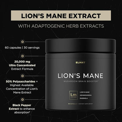 20,000mg 16x Strength Lions Mane Supplement Capsules Super Nootropic w. Ashwagandha & Rhodiola - Highest Potency Lion's Mane Mushroom Extract 50% Polysaccharides Brain Supplements for Memory and Focus