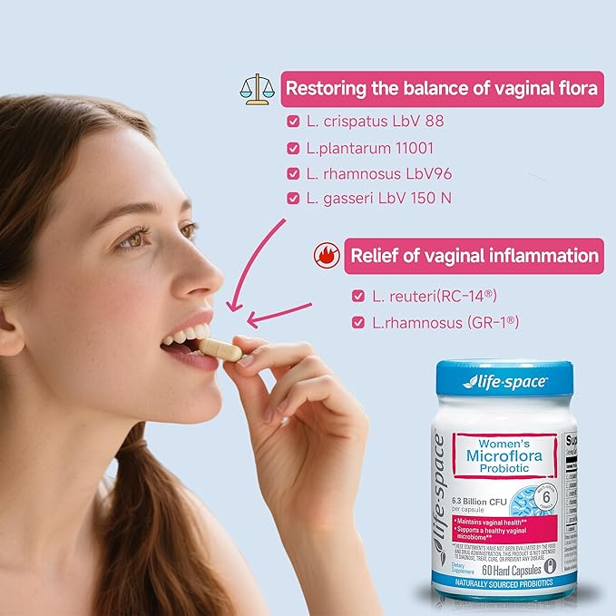 Life-Space Probiotic for Women, Support Healthy Vaginal Microflora & Comfort, BV & VVC Infection Treatment, Urinary Tract Health, Lactobacillus rhamnosus, 6.3 Billion CFU, Multi Strain - 60 Capsules
