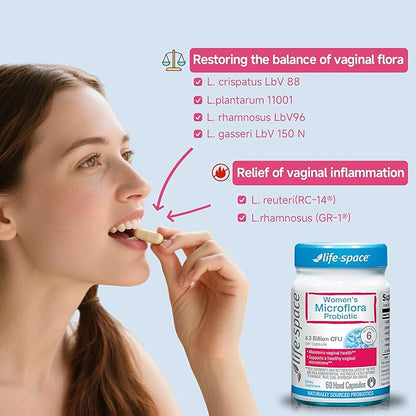 Life-Space Probiotic for Women, Support Healthy Vaginal Microflora & Comfort, BV & VVC Infection Treatment, Urinary Tract Health, Lactobacillus rhamnosus, 6.3 Billion CFU, Multi Strain - 60 Capsules