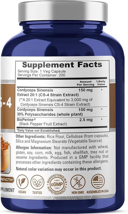 NusaPure Cordyceps 20:1 Extract, 150 mg Equivalent to 3,000mg 200 Veggie Capsules (Sinensis CS-4, Non-GMO, Vegan) Bioperine