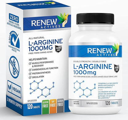 Renew Actives L-Arginine Supplement 1000MG for Serving - Strength & Endurance, Essential for Protein Synthesis & Muscle Function, Physical Performance Booster - Made in Canada - 120 Tablets