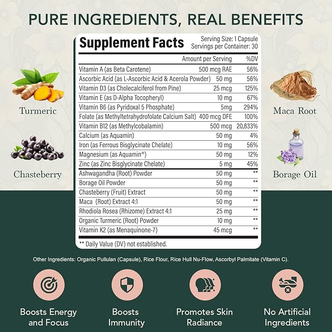 Multivitamin for Women – Daily Women’s Vitamins with MethyFolate, Organic Ingredients & Natural Supplements for Energy, Vitality & Health – Multivitamin for Women Hair & Skin Support