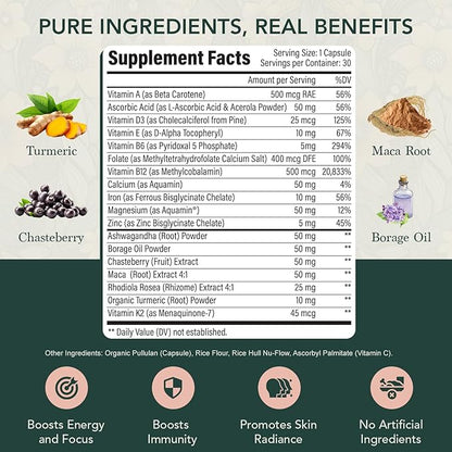 Multivitamin for Women – Daily Women’s Vitamins with MethyFolate, Organic Ingredients & Natural Supplements for Energy, Vitality & Health – Multivitamin for Women Hair & Skin Support