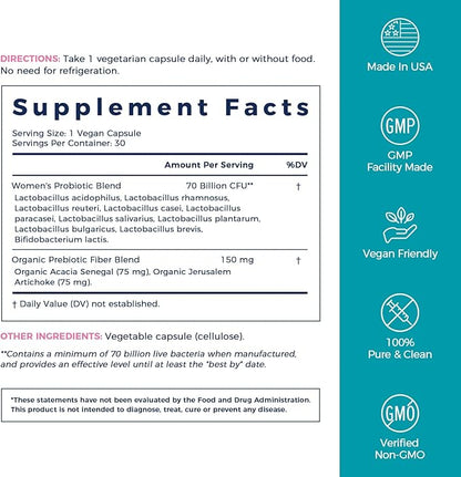 NewRhythm Women's Probiotics, Organic Prebiotics, 70 Billion CFU 10 Strains, Vaginal Probiotics for Urinary & Digestive Health, 30 Vegan Capsules, No Bloating