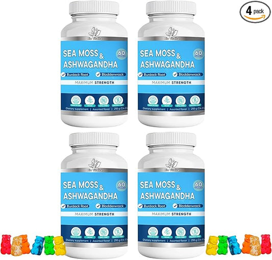 BIO VITALICA Sea Moss Ashwagandha Gummies - Organic Irish Seamoss & Ashwa Root Powder Supplements for Supporting Energy & Immunity for Men and Women - 4 Packs