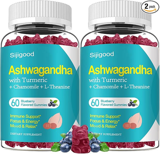 2 Pack Ashwagandha Gummies, Support for Immunity, Relaxation, Calm Mood & Zzz, Ashwagandha Supplements for Men & Women, Natural Blueberry Flavor, 120 Count