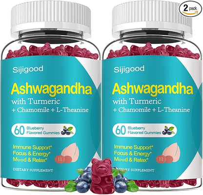 2 Pack Ashwagandha Gummies, Support for Immunity, Relaxation, Calm Mood & Zzz, Ashwagandha Supplements for Men & Women, Natural Blueberry Flavor, 120 Count