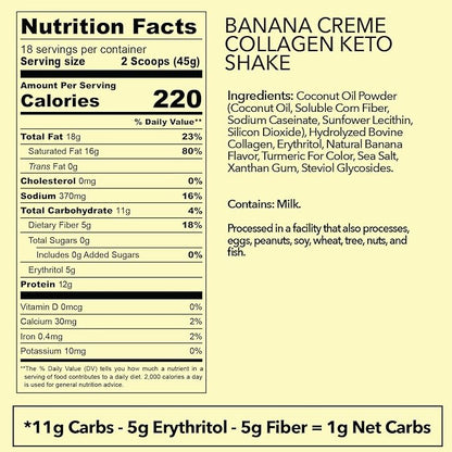Keto Collagen Shake (Banana Creme) - with Coconut Oil, Prebiotics, Grass Fed Hydrolyzed Collagen Peptides Type I & III, Low Carb, Gluten Free,1.78lbs.